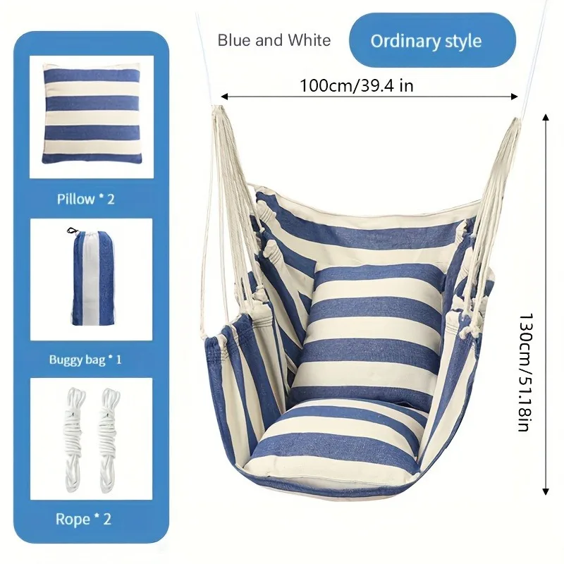 Outdoor Hammock Chair with 2 Pillows, Striped Hammock Suitable for Both Outdoor and Indoor Use, Outdoor Hanging Rope Chair