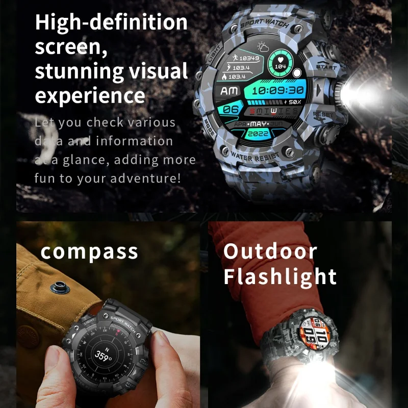 2025 Rugged Sport Smart Watch  Bluetooth Calls Colorful Waterproof Military Smartwatches with Flashlight SOS COMPASS for Phone 2