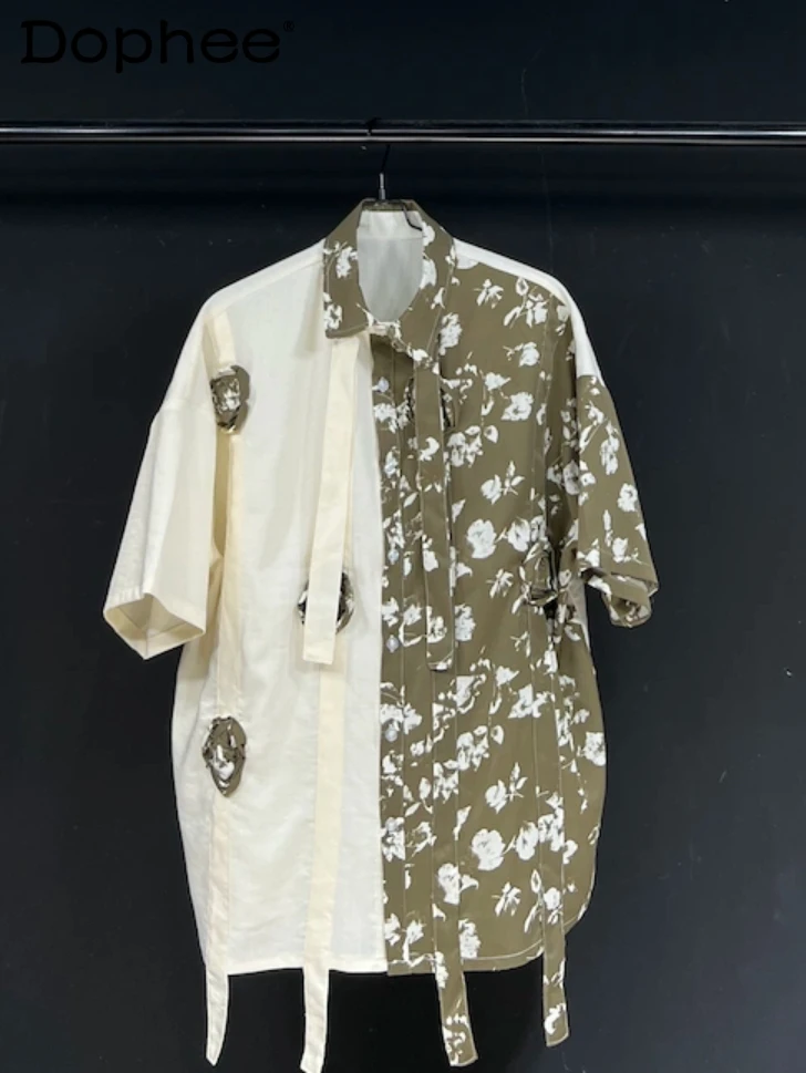 

Fashion 2024 Men's Summer Shirts Handmade Flowers Splicing Irregular Loose Contrast Color Shirts Short Sleeve Men's Women's Tops