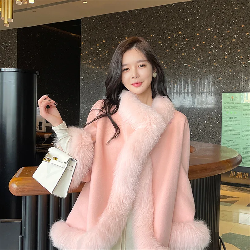2023 Winter Cashmere Coat Chinese Style Fox Faux Furry Double-Sided Wool Loose Cape Warm Long Sleeved Jacket Women's Clothing