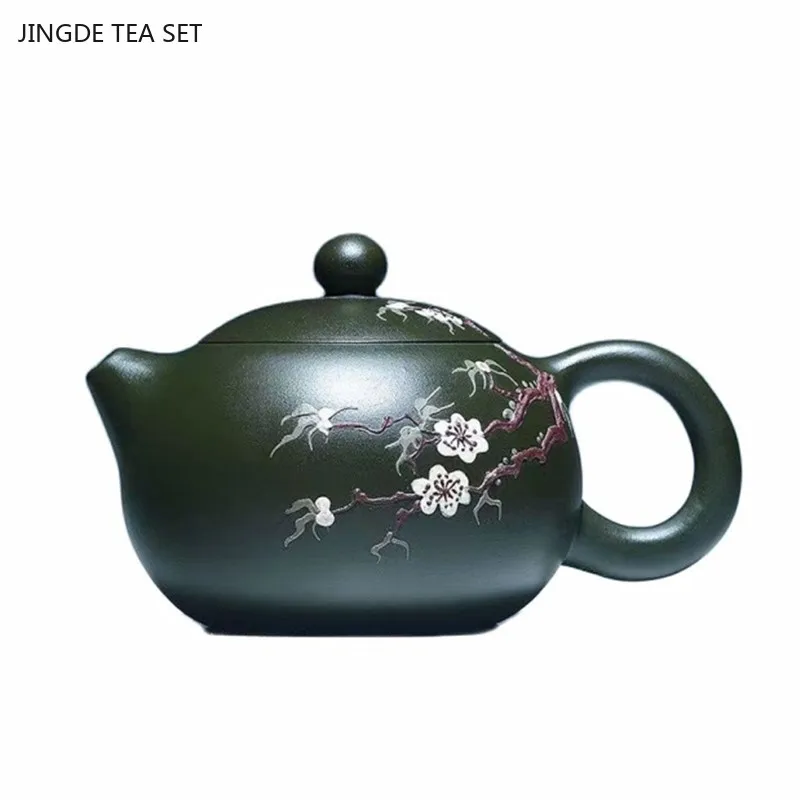 200ml Handmade Yixing Purple Clay Teapot Raw Ore Green Mud Ball Hole Filter Kettle Hand-painted Plum Blossom Xishi Tea Pot