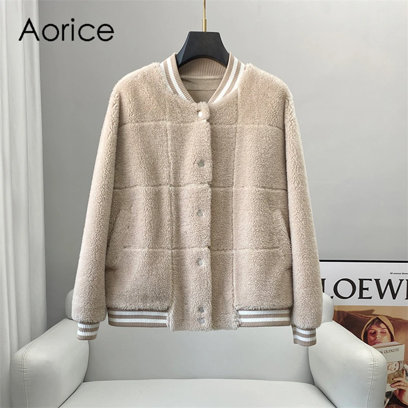

Aorice Women Luxury Wool Fur Coat Baseball Jacket Female Girl Winter New Sheep Shearing Coats Over Size Parka Trench CT299