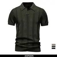 AIOPESON 2025 Men's Solid & Striped Mesh Polo Shirt - Breathable Knit Casual Top with Turn-Down Collar