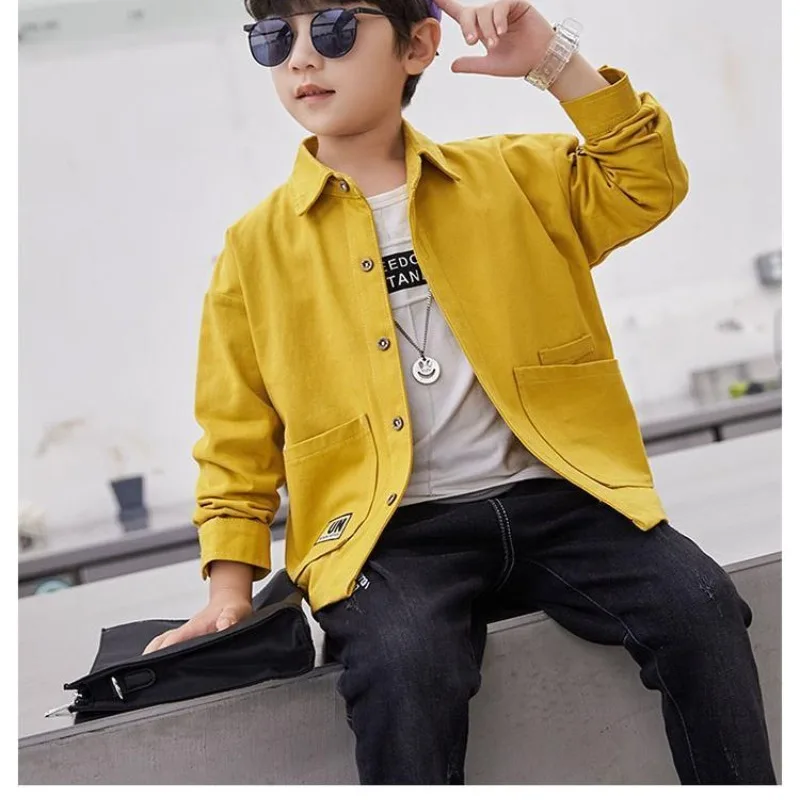 

Boys' Spring and Autumn Polo Collar Long Sleeve Cardigan Solid Color Coat Fashionable Kids Children's Clothing Outerwear Tops