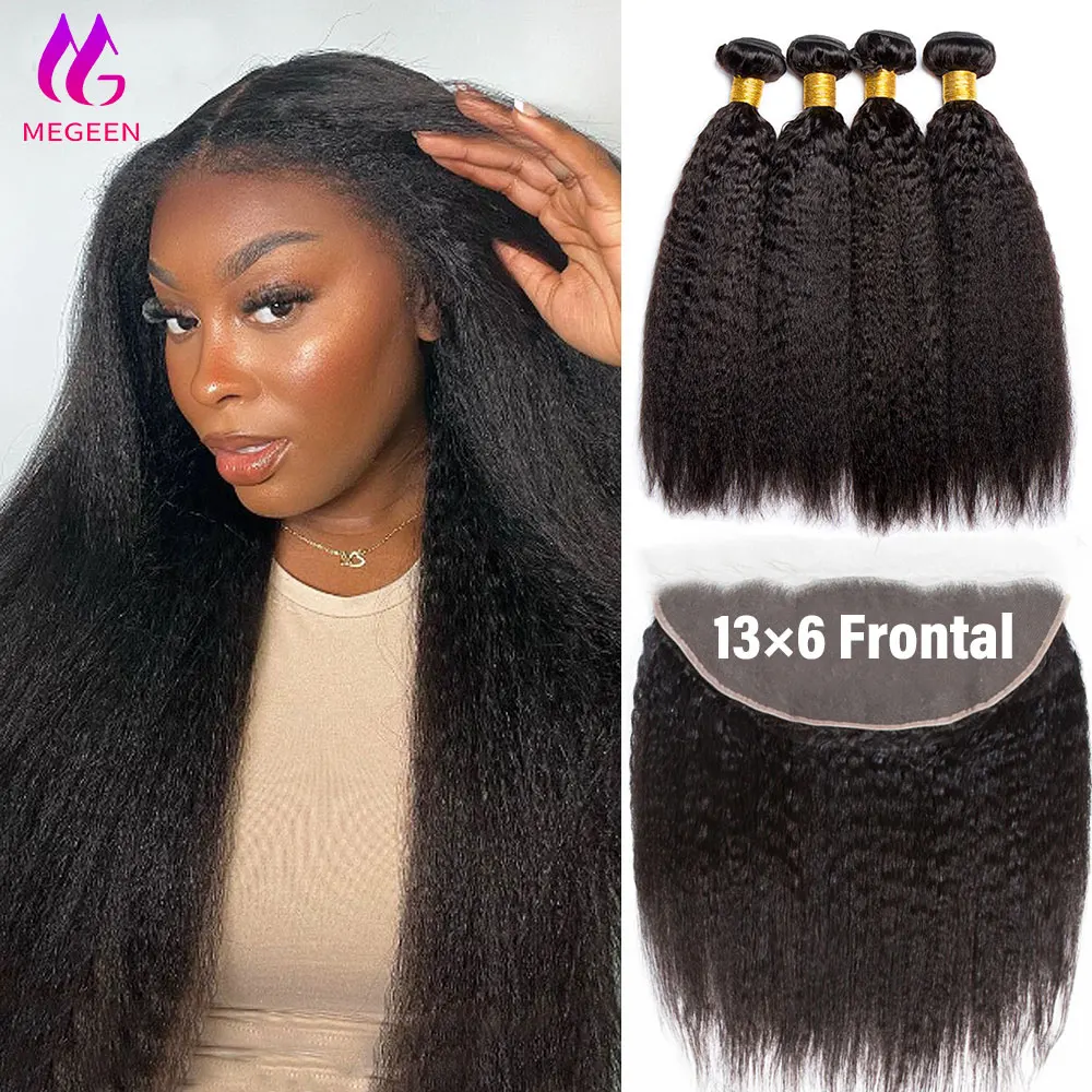 

Megeen Kinky Straight Human Hair Bundles With Closure 13x6 Lace Frontal Brazilian Yaki Straight Remy Hair Bundles With Closure