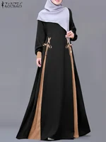 ZANZEA Fashion Women Long Sleeve Muslim Abaya Dress Spring Patchwork Maxi Dresses Robe Femme IsIamic Vestidos Lace Up Sundress