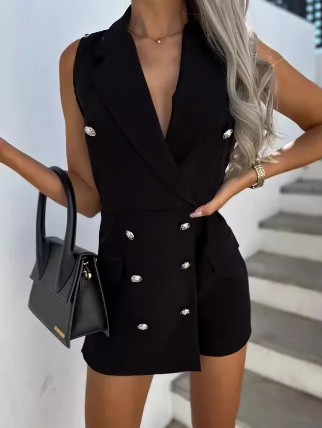 Women's double breasted buttoned sleeveless small suit jumpsuit with stylish and versatile style for commuting loose fitting