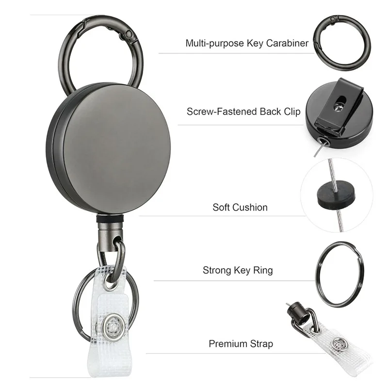4cm Heavy Duty Retractable Metal Wire Keychain Pull Badge Reel ID Strap Name Card Badge Holder Reel Spring Key Ring Outdoor Tool