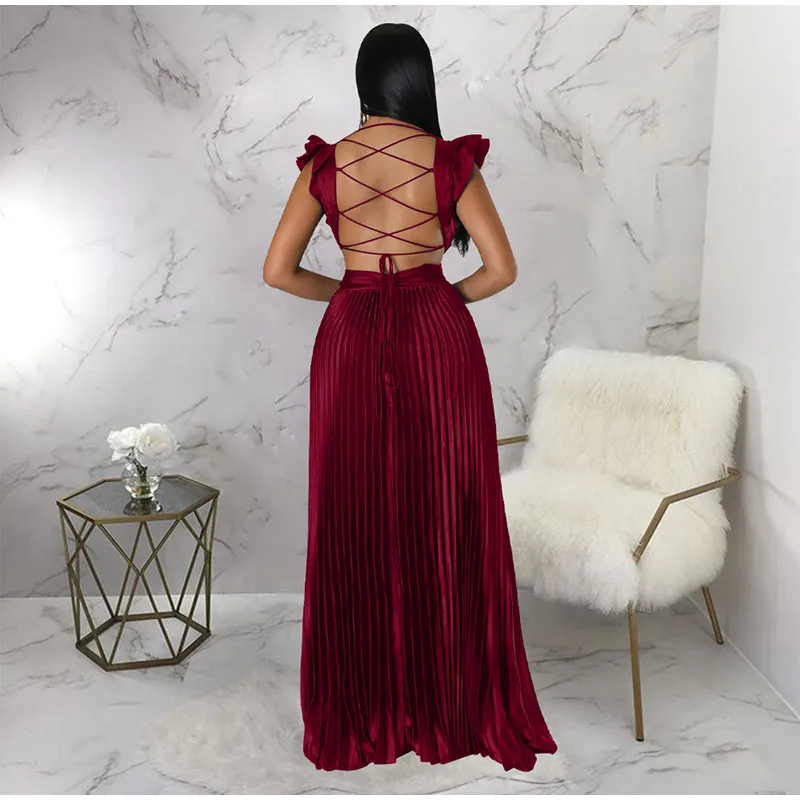 Women Solid Backless Elegant Long Dresses V-neck Pleated A-line Sexy Frock 2023 Spring Summer Evening Party Casual Style Dress