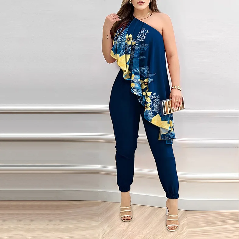 

Europe and America Spring/summer 2023 New Fashion Print Slanted Shoulder Ruffles Casual Elegant Sexy Women's Jumpsuits