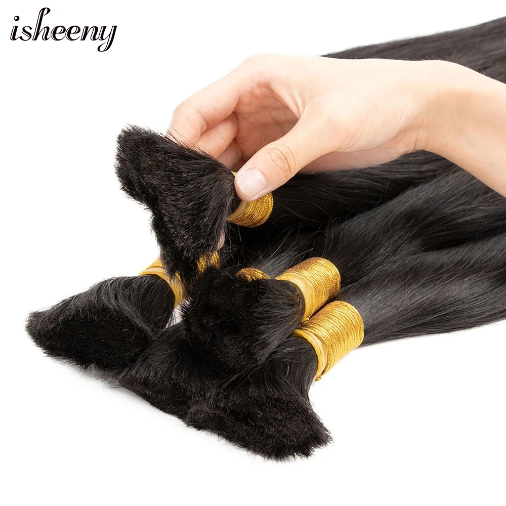 Isheeny Natural Black Human Hair Bulk Bundles 12"-26" No Weft European Remy Human Hair Raw Salon Material Extensions 100g