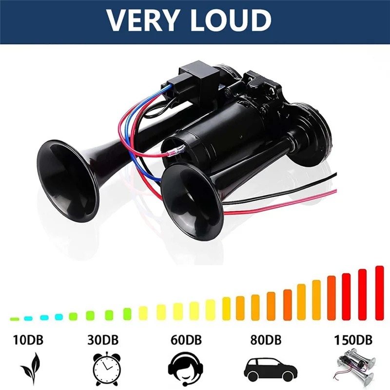 AASS-Horn Kit Train Horn Kit 12V 150Db Super Loud 2 Trumpet With Compressor For Trucks Trains Boats Black
