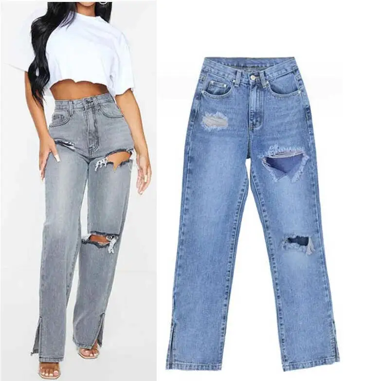 

Women's Jeans Street Tearing Big Hole Beggar Pants Straight Leg Denim Pants