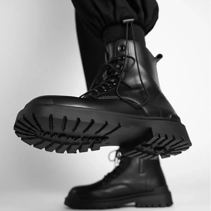 Leather Shoes for Men Platform High Top Thick Sole Black Man Casual Boots Pu Cowhide Footwear Offer Retro Legitimate Designer - Image 5