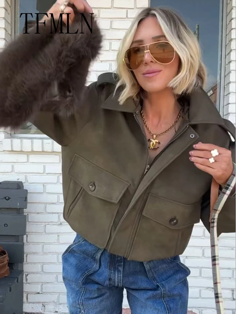 TFMLN Women Winter Suede Jacket New Fashion Thicken Long Sleeve Zipper Oversized  Coat Detachable Fur Collar Streetwear