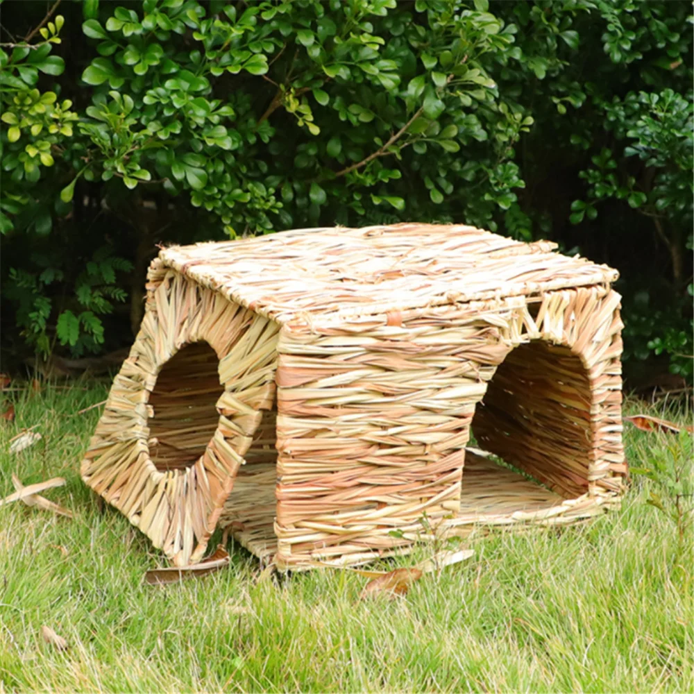 

Rabbit Straw House Foldable thatched Cottage Natural Grass Cage Pet Hideaway Chew Toy Den Hamster Hut Small Animal Grassy Nest