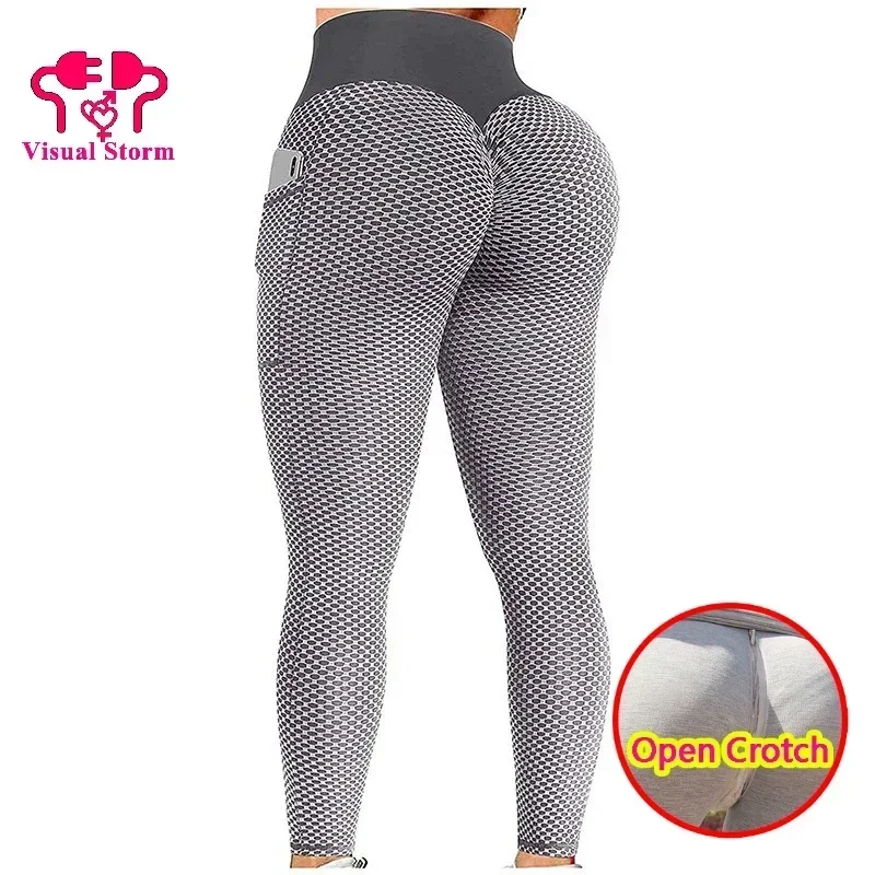 Women Yoga Leggings Double Hidden Zippers Mesh Shape Gym Panties Crotchless