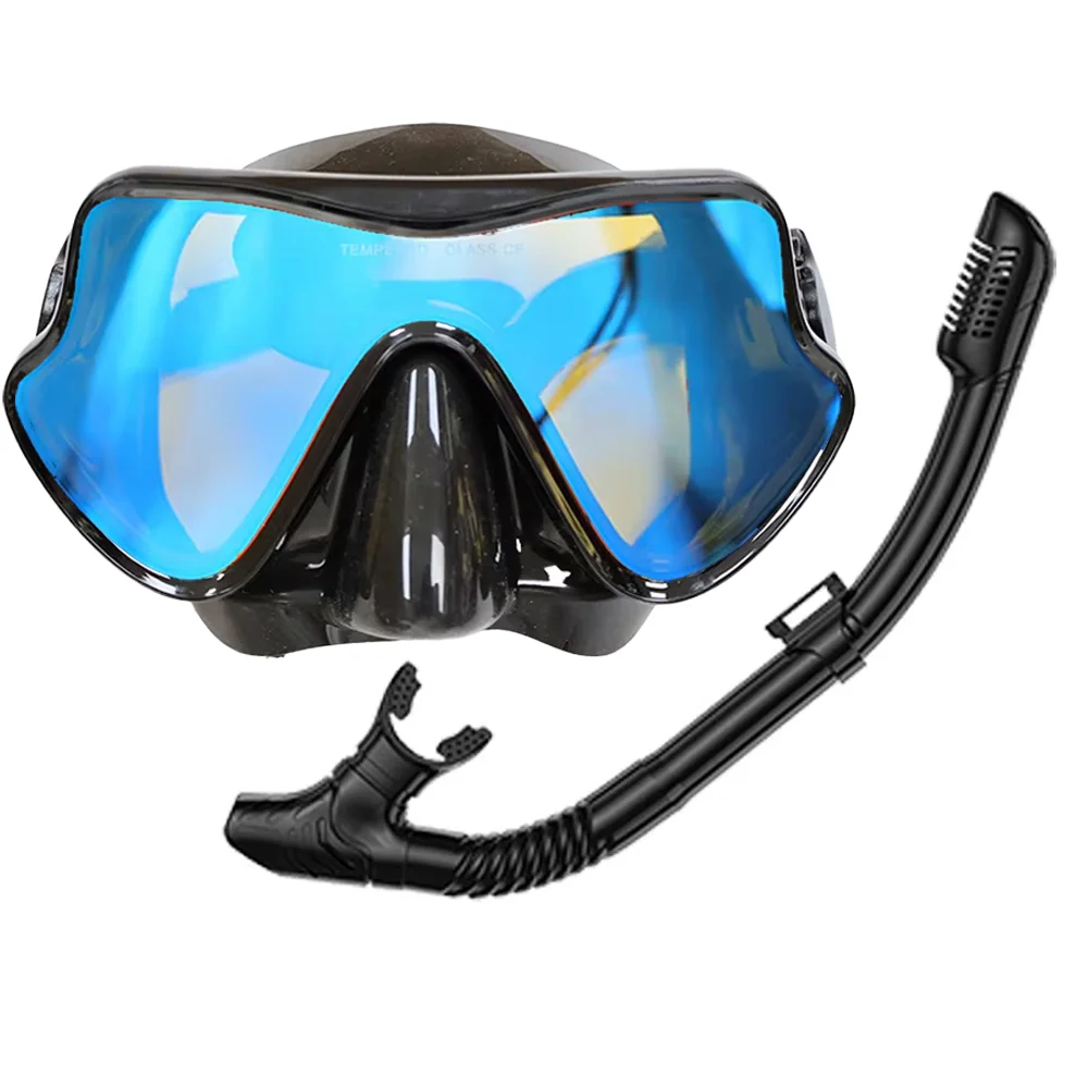 Colorful Tempered Glass Snorkeling Mask Set with Dry Top Breathing Tube and Silicone Goggles