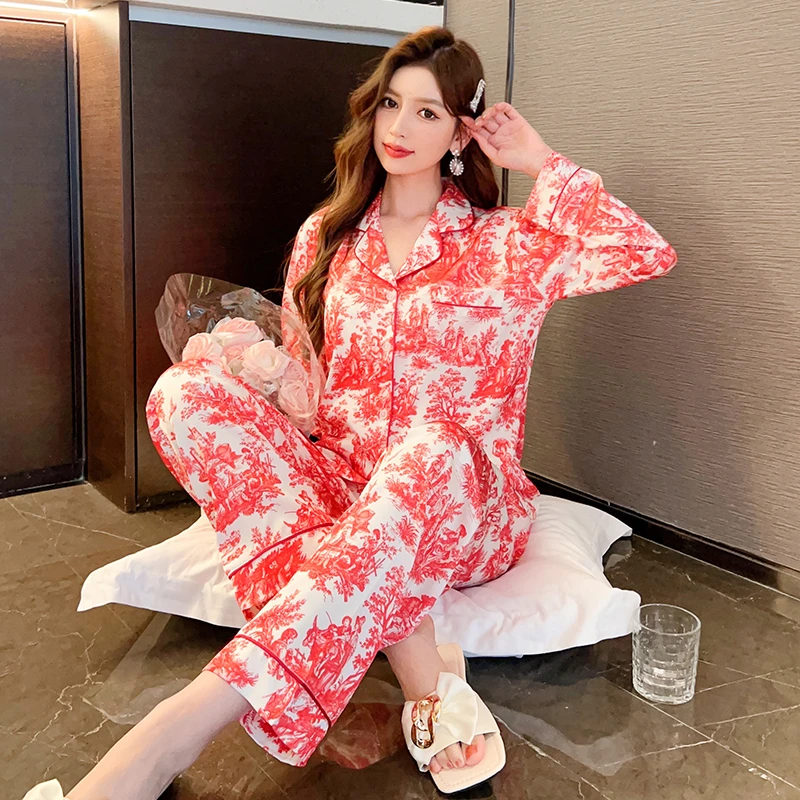 

Пижамный комплект для женщин, роскошная Милая атласная пижама, женские длинные брюки с длинным рукавом, домашняя одежда, женские комплекты для сна, женская пижама