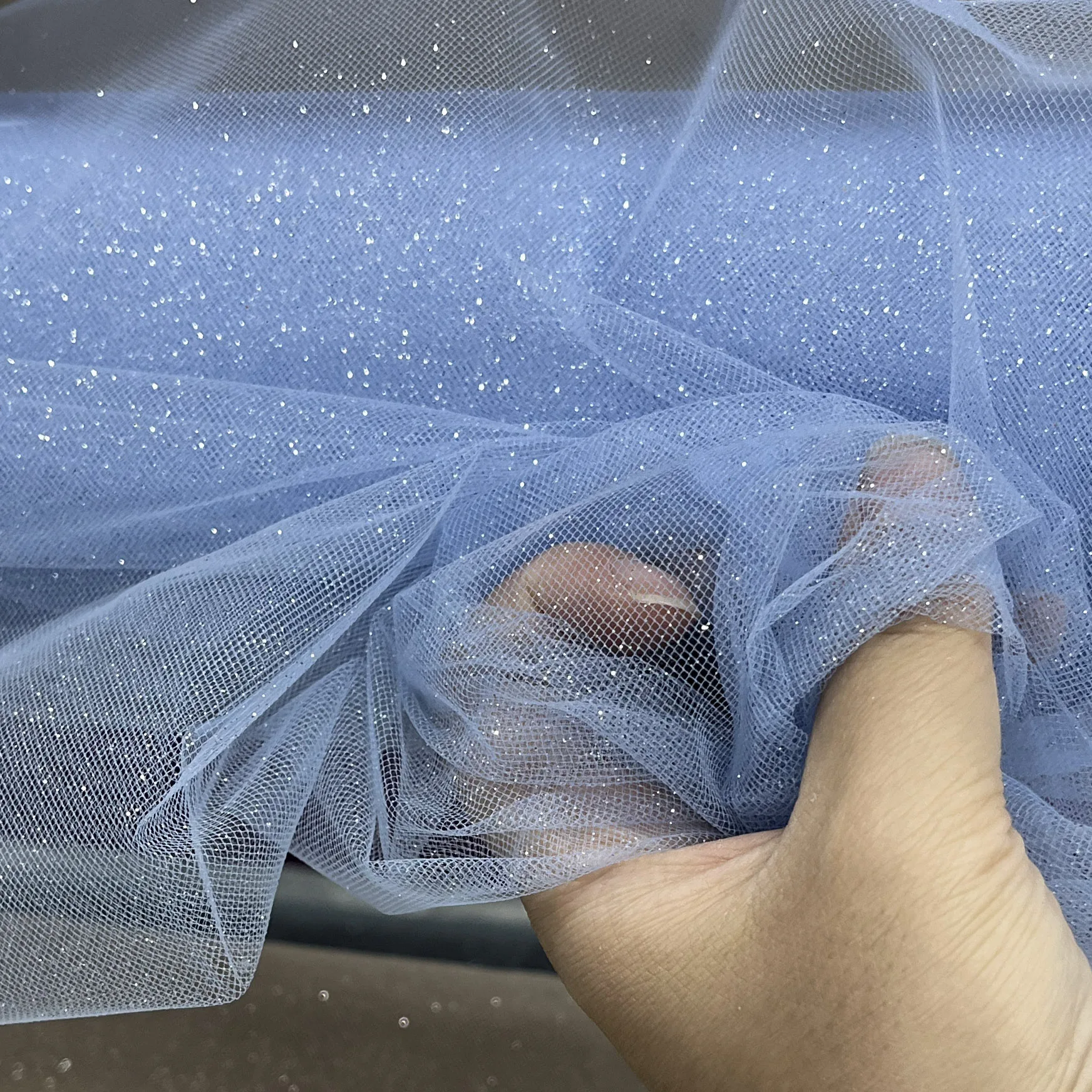 Sparkling Blue and Red Sequin Tulle Veil with Silver Accents and Pommel Skirt