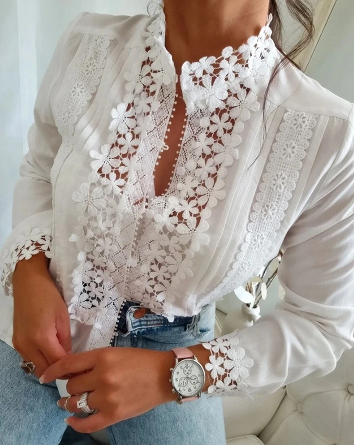 Elegant Blouses Women 2024 Spring Solid Color Hollow Out Slim Floral Pattern Ruffles Shirt V Neck Lace Patch Long Sleeve Top