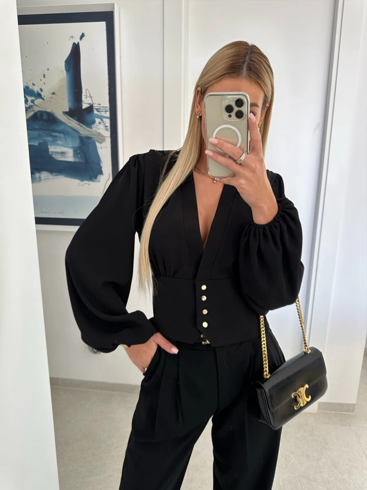 

Sexy Black Summer Women's Blouse Elegant Deep V-Neck Slim Short Shirts Female Puff Long Sleeve White Tops Spring 2023 Blusas New