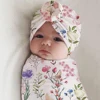Ylsteed Rose Flower Print Newborn Photography Wrap with Turban Hat Infant Photo Shooting Outfits  Baby Receiving Swaddle Blanket 1