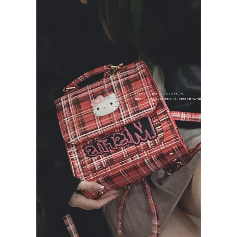 

2023 New Kawaii Hello Kitty Y2K Backpack Cute Fashion Plaid Backpack All-Match Shoulder Messenger Bag Mochila for Girls Women