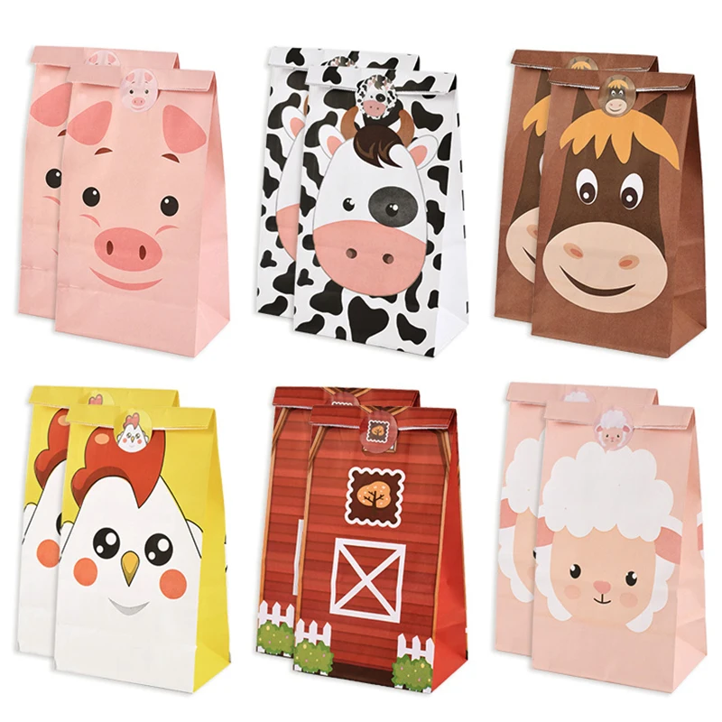 12 Stück Bauernhoftier-Partygeschenke, Papiertüte, Süßigkeiten, Geschenk, Leckerli, Goody-Taschen mit Aufkleber, Kinder-Bauernhof-Thema, Geburtstagsparty-Zubehör