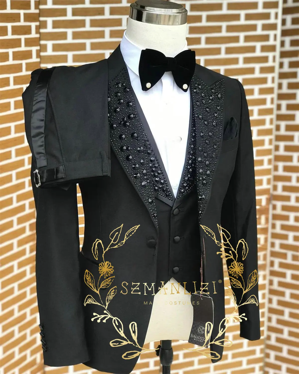 Abiti da uomo neri Smoking di cristallo di pietra di lusso Abiti da sposo su misura 3 pezzi Blazer da ballo maschile da lavoro Slim Fit Custome Homme