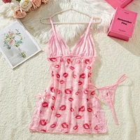 New Women's Lip Print Heart-shaped Printed See Through Pink Lace Backless Nightgown Babydolls Pajama Dress Set - Image 6