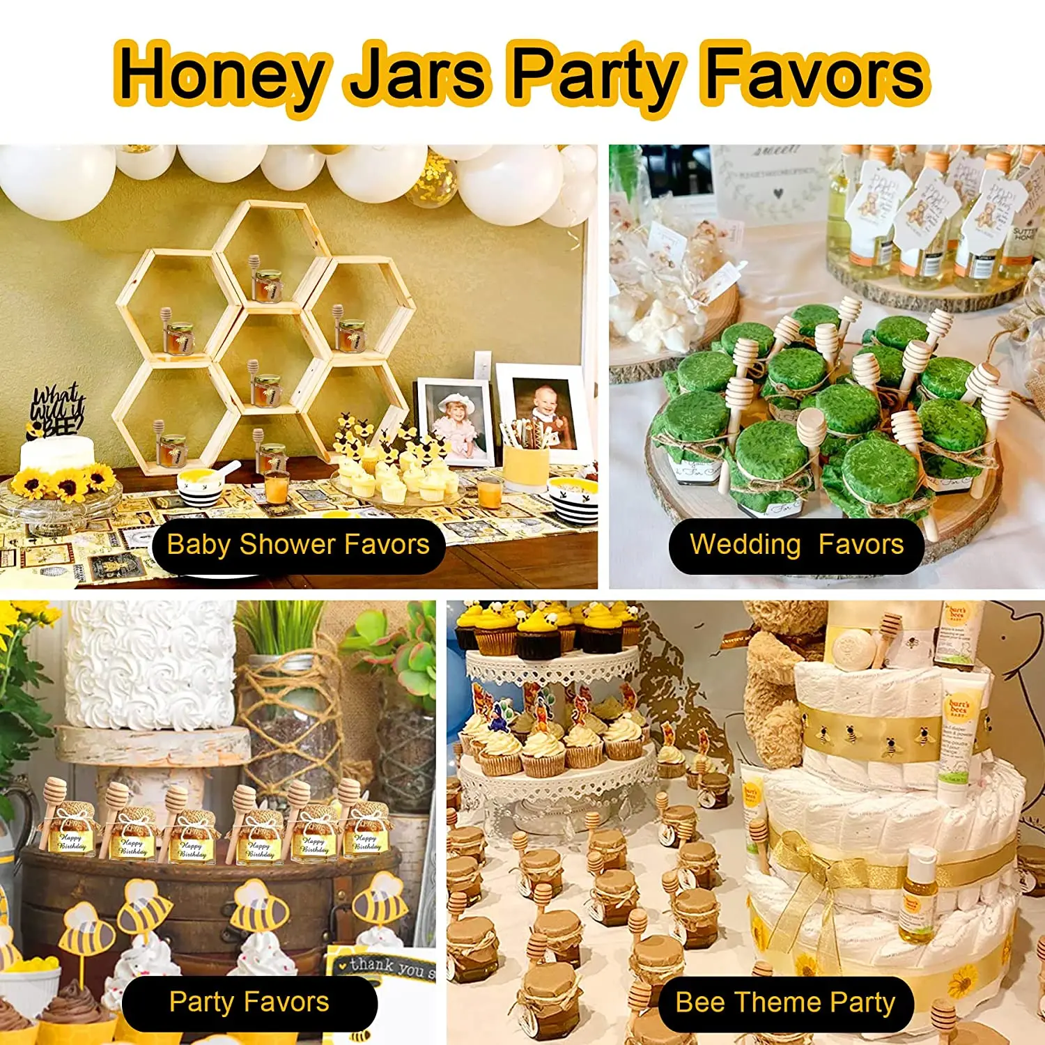 Mini Honey Jars Party Favors  Hexagon Small Glass Honey Jars with Dipper, Gold Lids, Cute Bee Pendants, Gift Bags and Jute 3