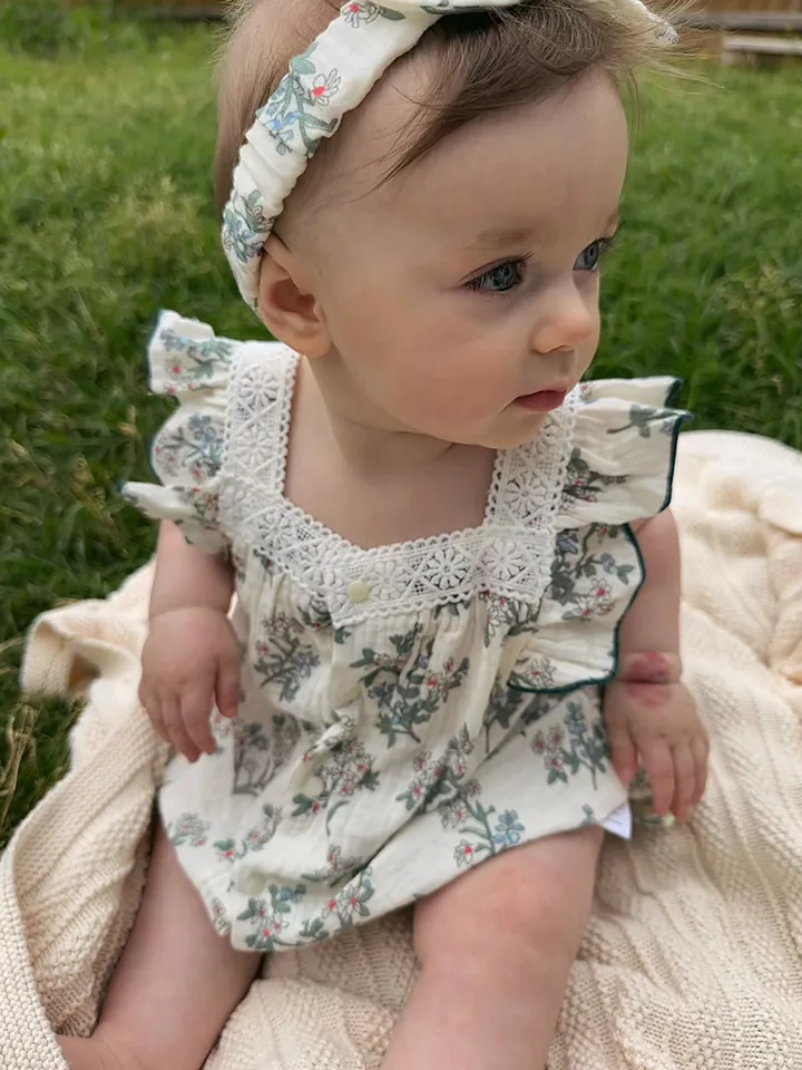 Robe D'été Pour Bébé Fille – Manches Courtes, Motif Floral, Bandeau Assorti – 2025 Nouveau-né été