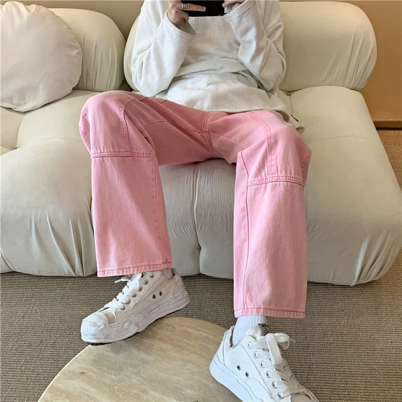 Pink Jeans Men Fashion Vintage Pocket Cargo Jeans Men Streetwear Hip Hop Loose Straight Denim Trousers Mens Wide Leg Pants S-3XL
