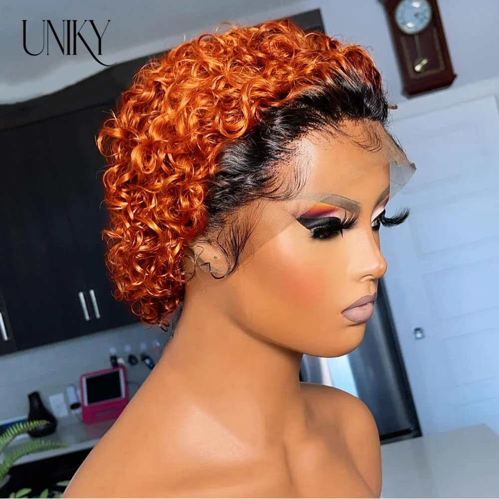 

Pixie Cut Wig Short Bob Curly Human Hair Wigs Cheap 13X1 Transparent Lace Ginger Orange Water Deep Wave Lace Front Wig For Women
