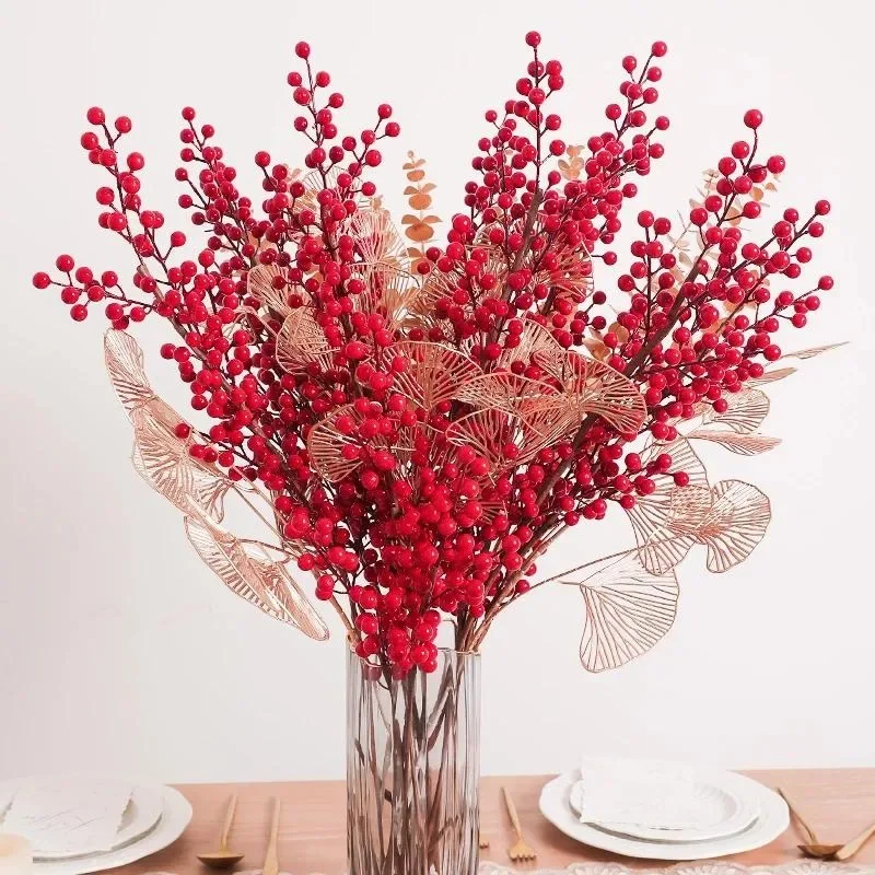 1PCS Christmas Red Berry Bouquet Fake Plant For Home Vase Decor Xmas Tree Ornaments New Year Party Living Room Decoration