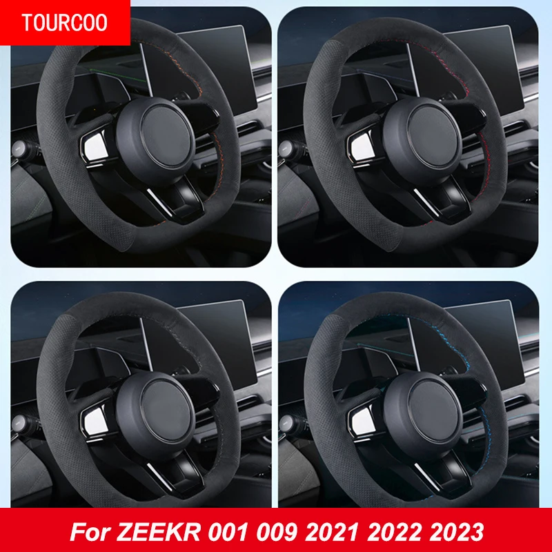 

For ZEEKR 001 009 2022 2023 Car Steering Wheel Cover Hand-Stitched Non-Slip Black Genuine Leather Suede Alcantara Accessories