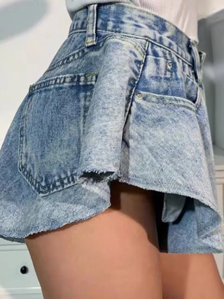BPN Hit Color Fashion Irregular Denim Short Pants For Women High Waist Spliced Pockets Minimalist Wide Leg Pants Female Autumn