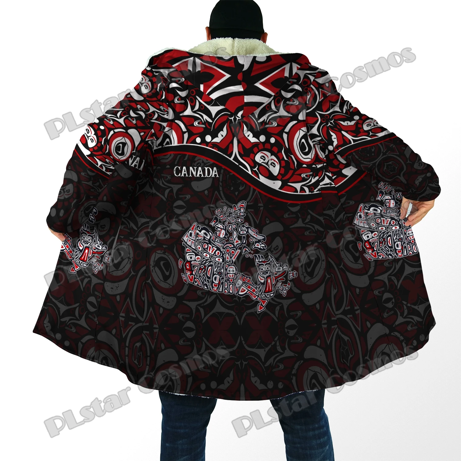 Canada Day Haida Maple Leaf Style 3D-Allover-bedruckter Herren-Fleece-Kapuzenumhang, Unisex, lässig, dick, warm, Cape-Mantel PF98 – Detail 10