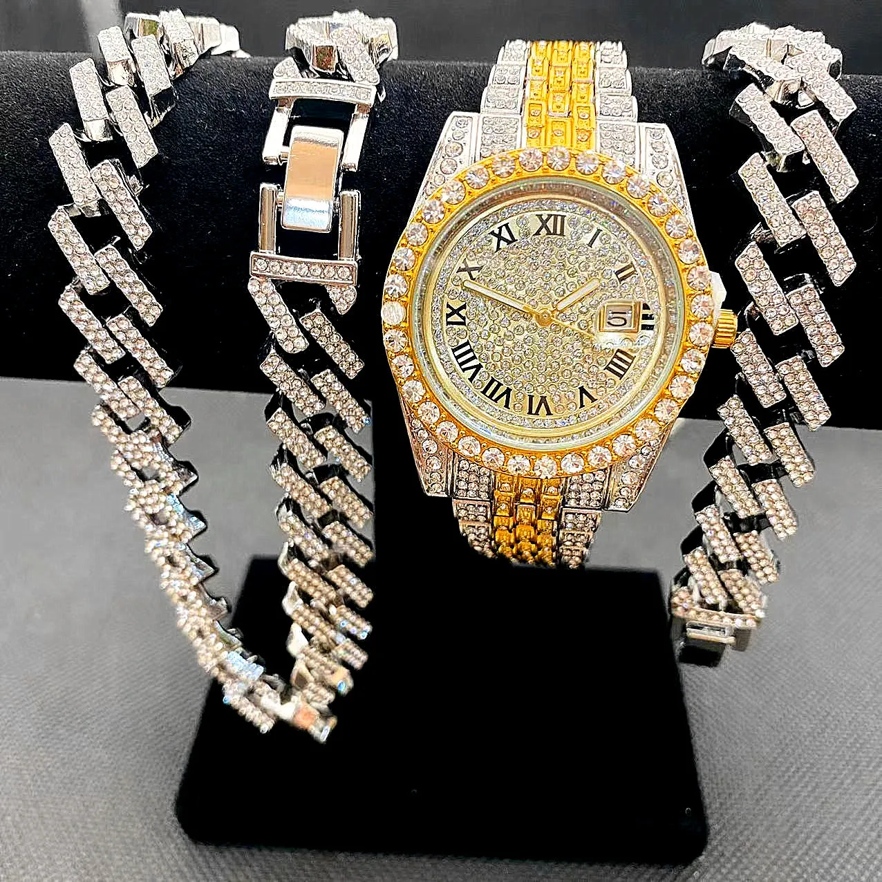 3pcs Luxury Iced Out Watch for Men Women Hip Hop Miami Bling Cuban Chain Big Gold Chain Necklace Watches Men Jewelry Set Relojes