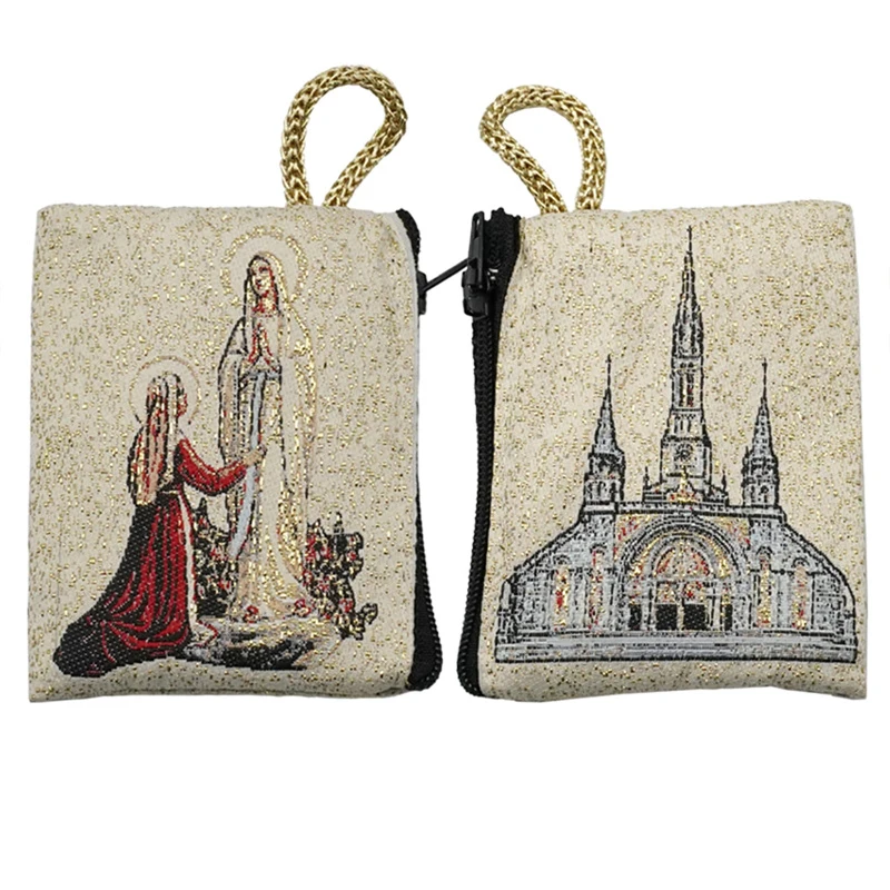 Our Lady of Lourdes Rosary Pouch Gold Thread Embroidery Prayer Bag Religious Jewelry Storage Box 6.6x7.2cm