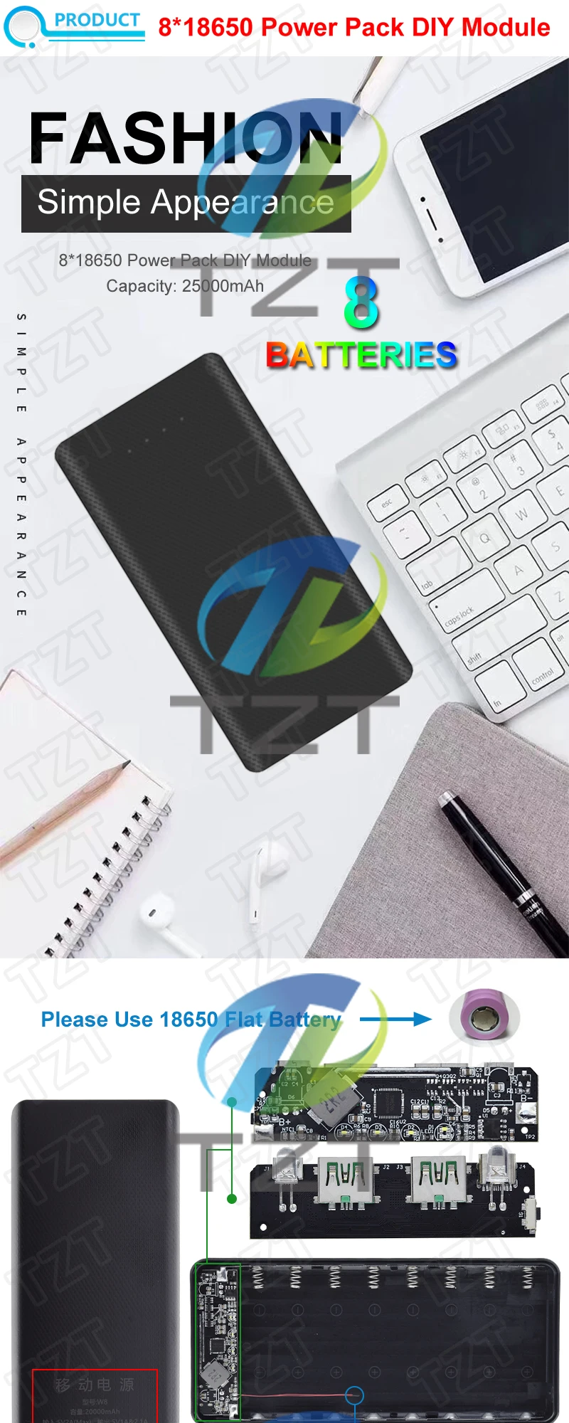 5V 4,5A 22,5W 25000mAh Handy Ladegerät DIY Shell Fall 8*18650 Power Bank Batterie Box QC4.0 QC3.0 Dual USB Micro/Typ-C USB – Detail 1