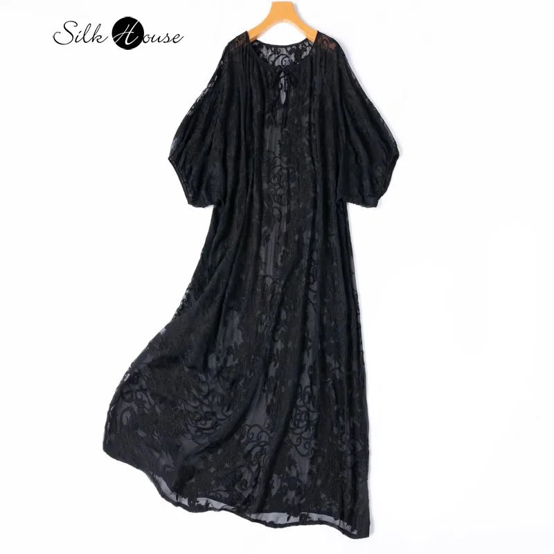 Heavy Industry Embroidery 100% Natural Mulberry Silk Georgette Raglan Bubble Sleeves Loose Perspective Lace Up Flowing Dress