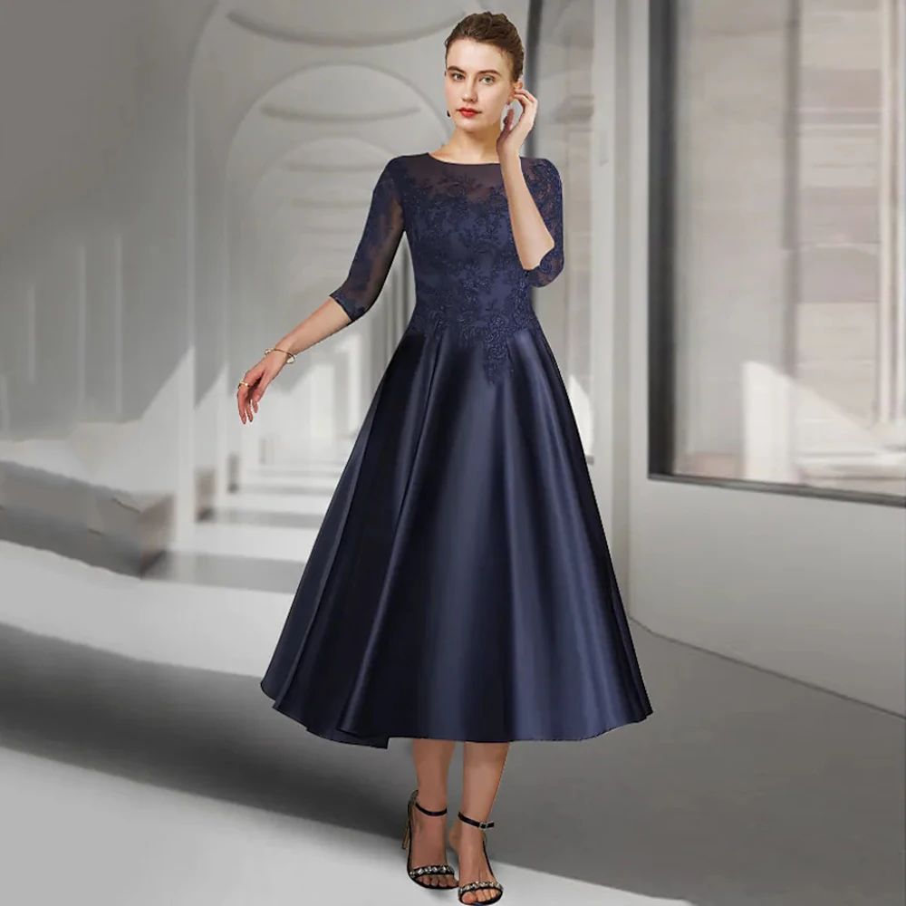 Jiayigong Navy Mother of The Bride Dress O Neck 3/4 Sleeves Lace Tea Length Wedding Party Dresses Guest Gowns
