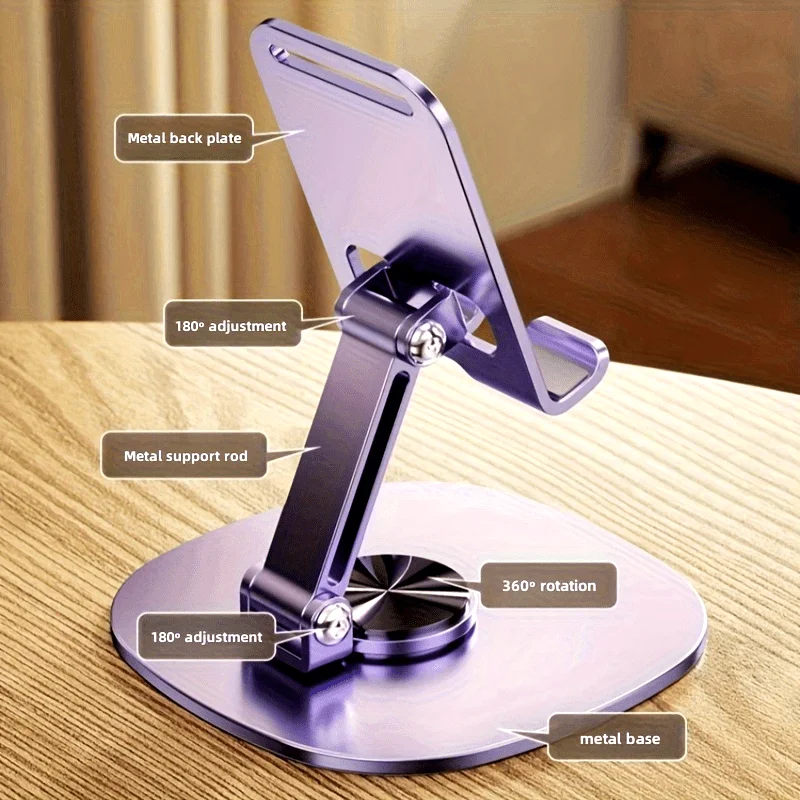 360-Degree Rotating Metal Phone Stand Compact, Foldable, Portable-Ideal Desktop Holder for Smartphones & Tablets