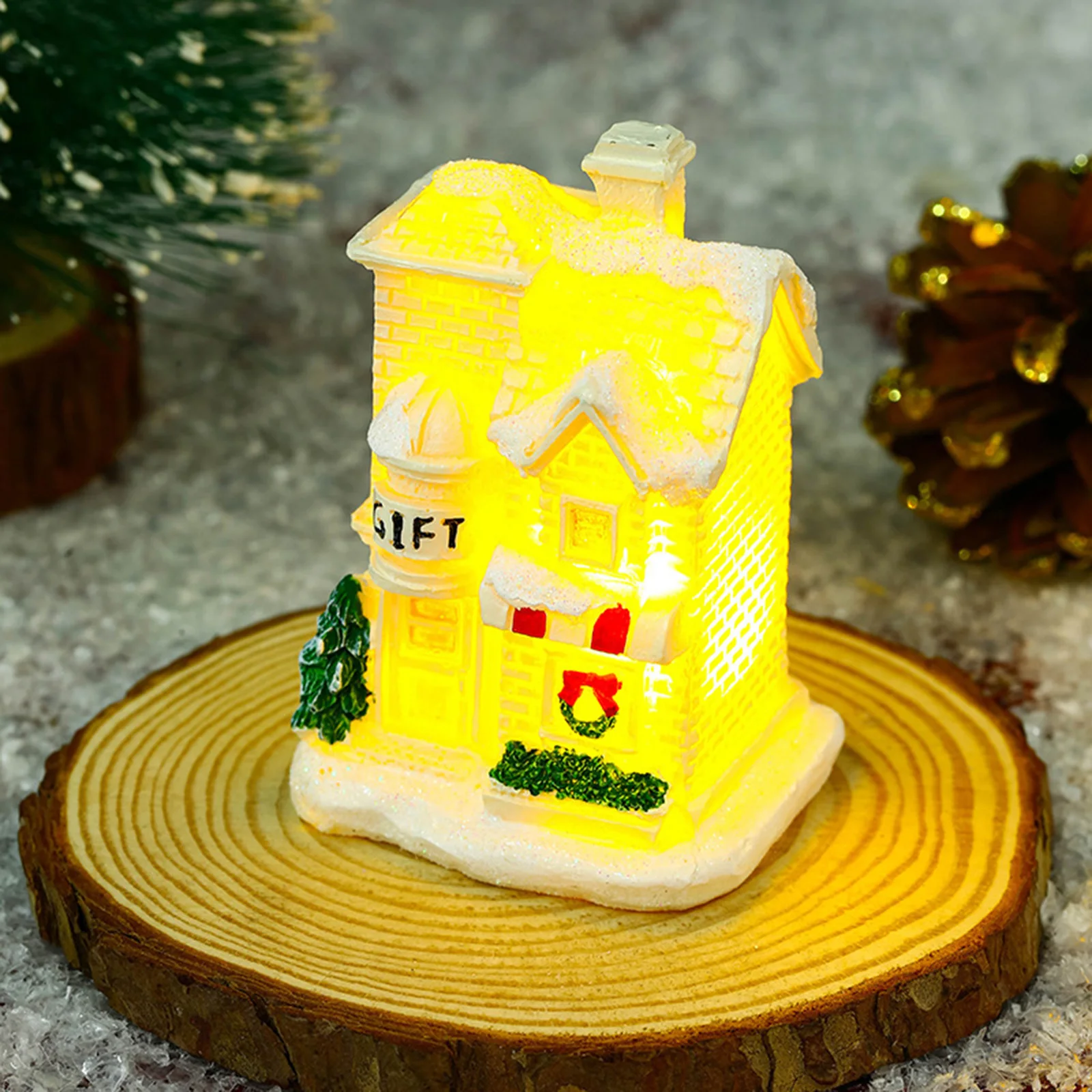 Christmas LED Light House Luminous Wooden Cabin Ornament Snow Scene Village Christmas Decoration For Home New Year