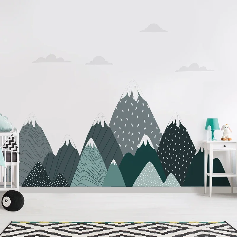 

Boho Green Mountains Wall Murals Self-adhesive Waterproof Seamless Fabric Muslin Landscape Wallpaper for Kids Room Home Decor