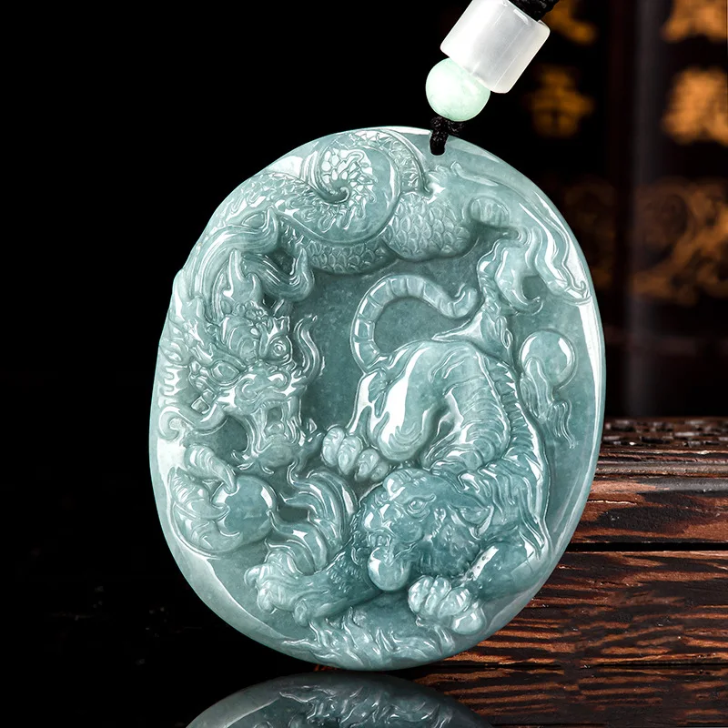 

Mai Chuang/Natural Jade Blue Water Crouching Tiger Hidden Dragon Necklace Pendant Fashion Fine Jewelry Men and Women Couple Gift