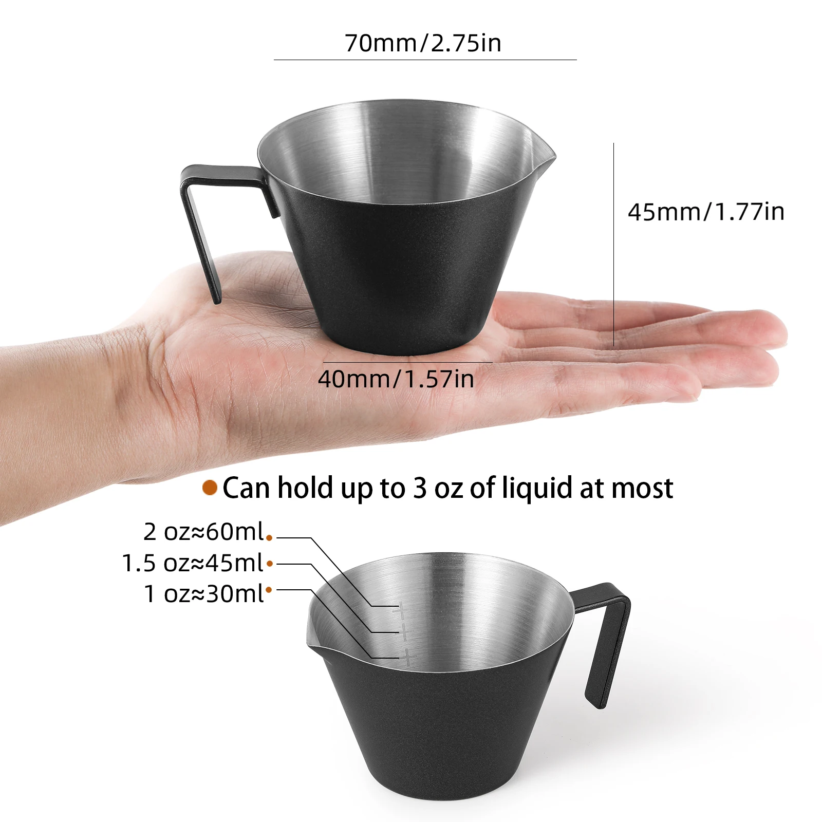 Plastic Measuring Cup Espresso Shot Cup with Handle 2/3 Pack Stainless Steel Pouring Dishwasher Safe Home Barista Tools