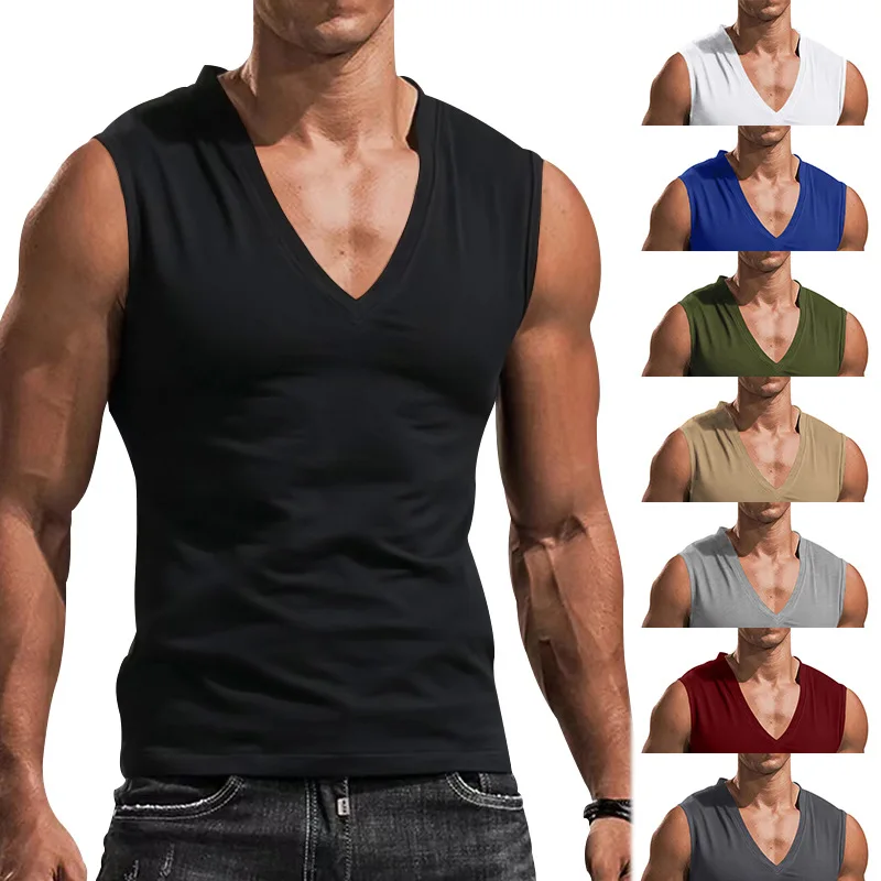 

2023 Summer Men's Solid V-neck Vest Casual Breathable Sleeveless T-shirt Vest